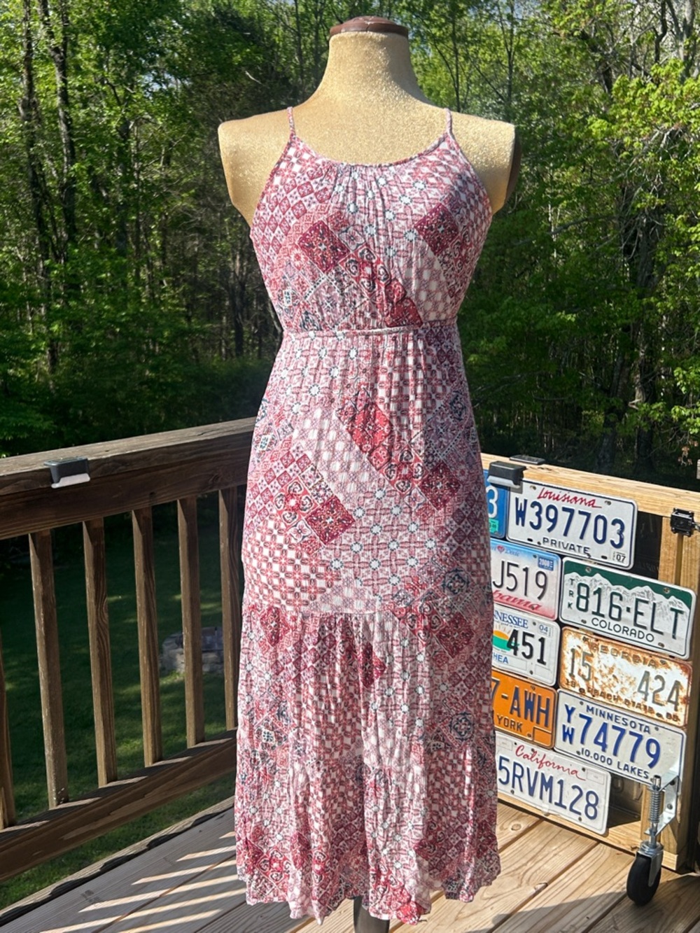 Boho one clothing Red and White Patterned Spaghetti-Strap Midi Dress